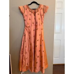 LJ Embroidered Orange Midi Dress Women’s Medium Cap Sleeve Boho EUC